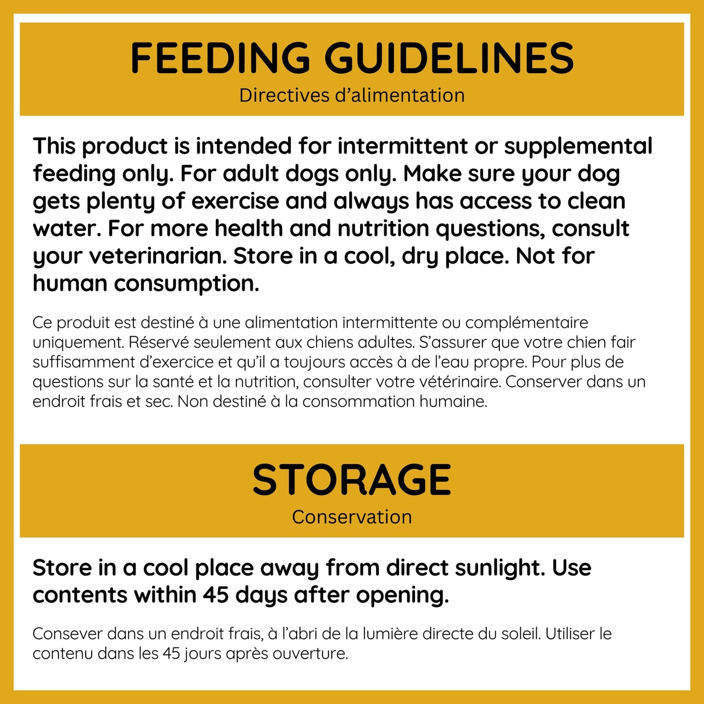 Feeding guidelines for Caru Pet Food baked cookie dog treats stored in a cool, dry place