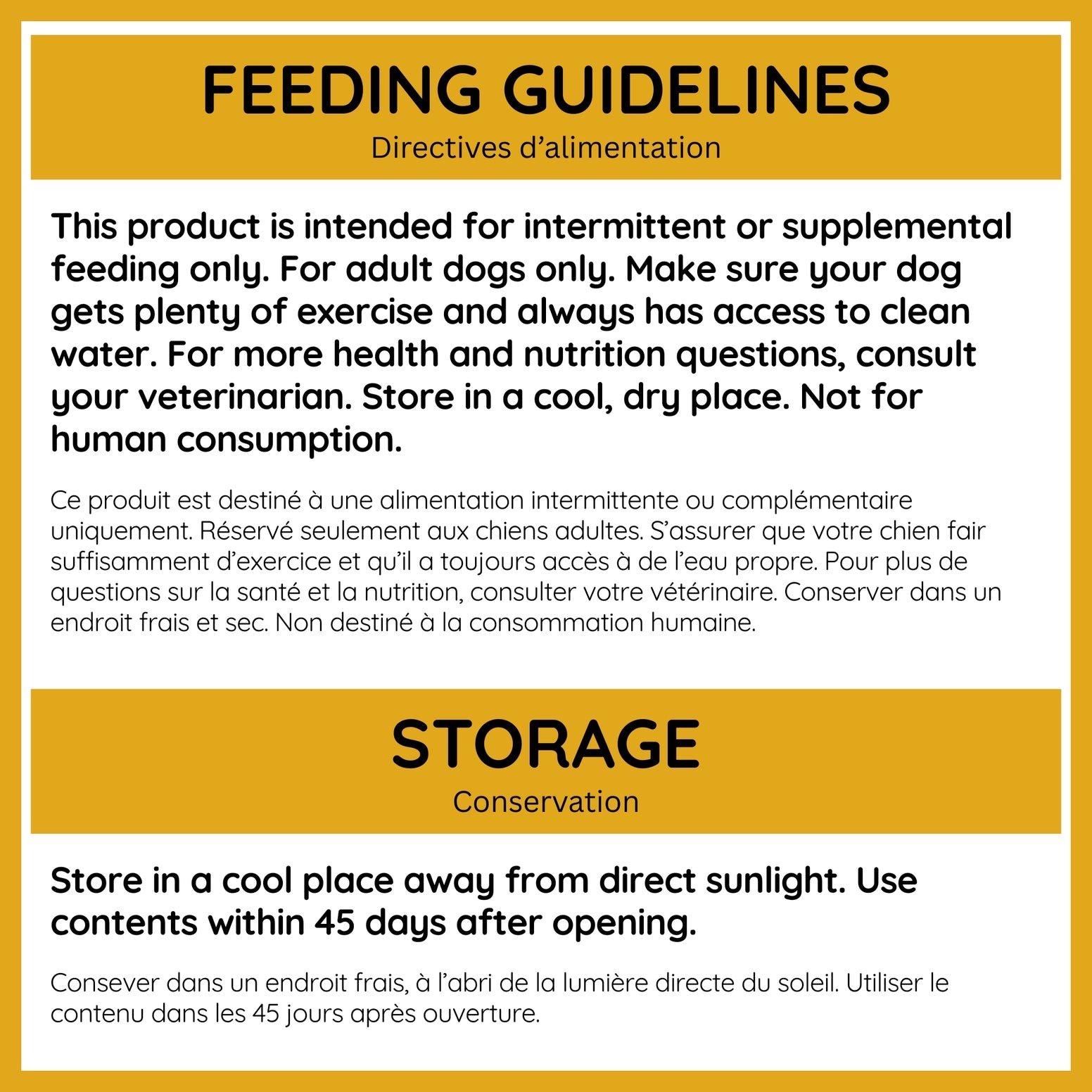Feeding guidelines for Caru Pet Food baked cookie dog treats stored in a cool, dry place