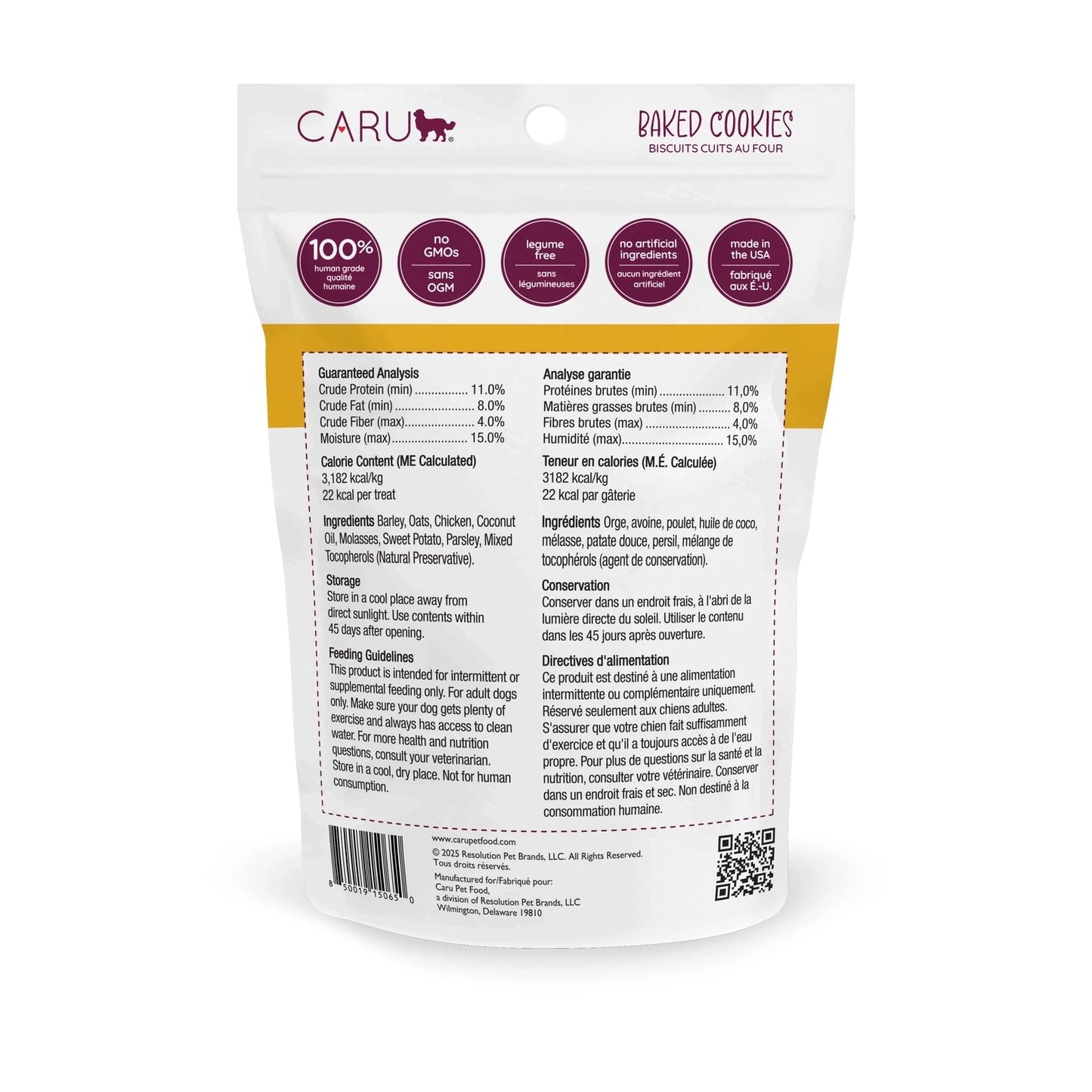 Caru Pet Food baked cookie dog treats in a resealable bag with nutritional information on the back