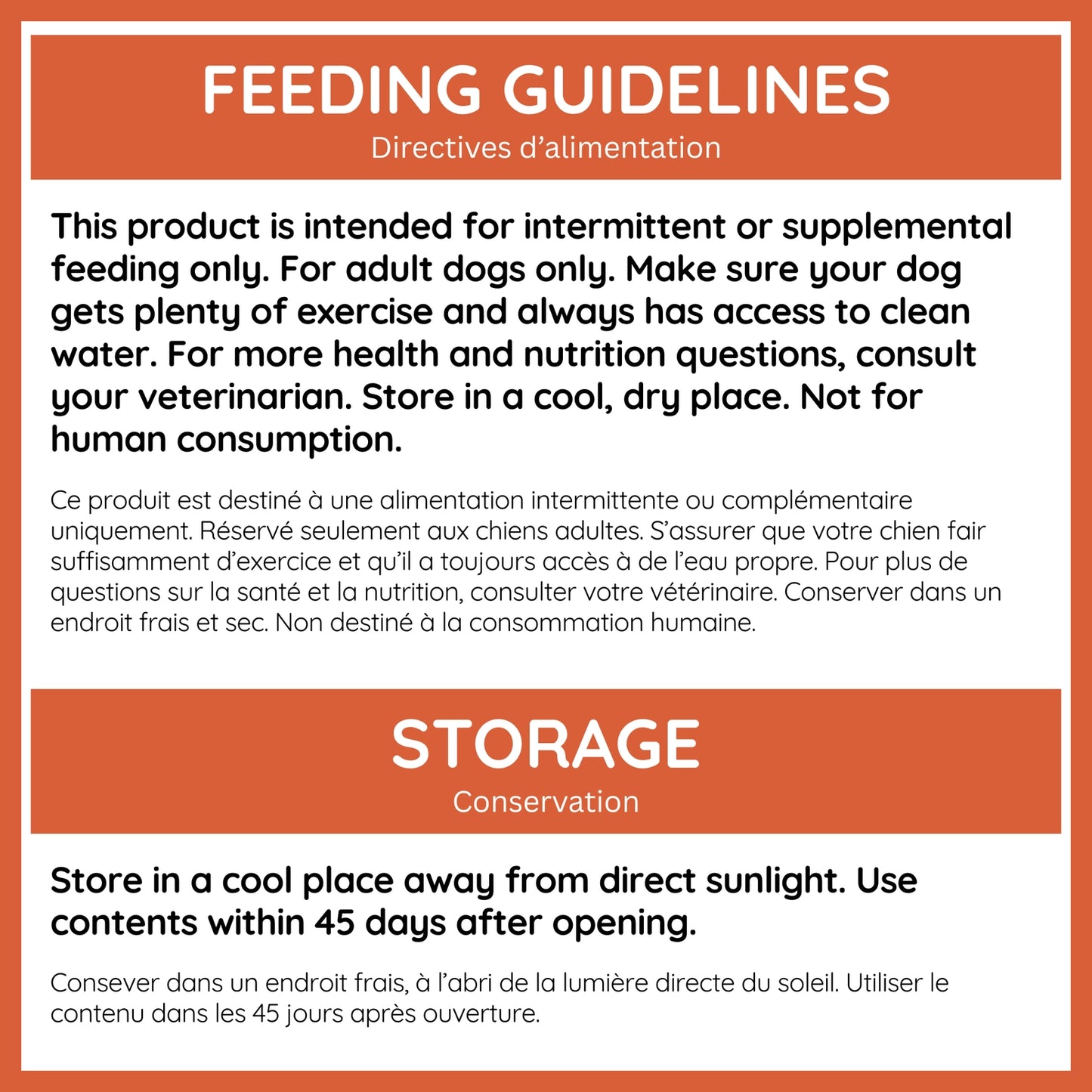 Feeding guidelines and storage instructions for Caru Pet Food cheddar cheese dog cookies
