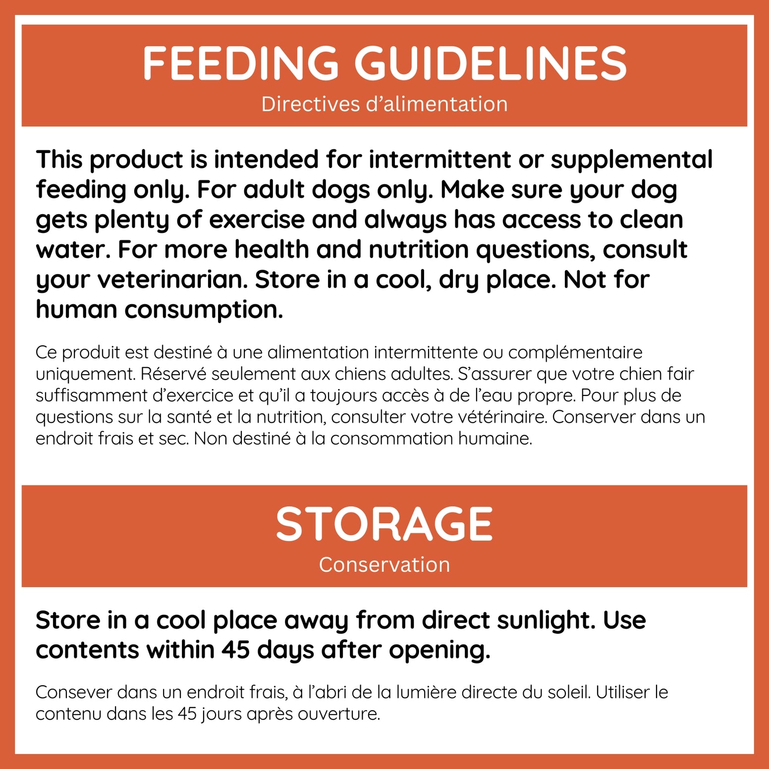 Feeding guidelines and storage instructions for Caru Pet Food cheddar cheese dog cookies