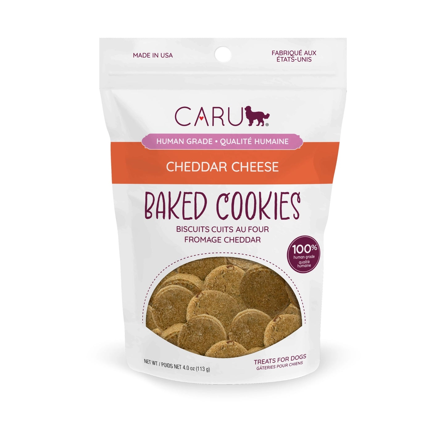 Caru Pet Food Cheddar Cheese Dog Cookies in a resealable bag for healthy dog treats