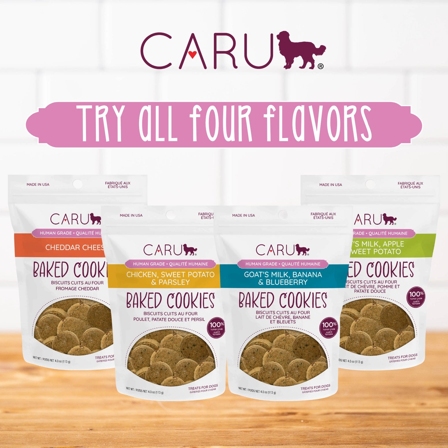Caru Pet Food goat milk dog treats in various flavors, delicious baked cookies for dogs