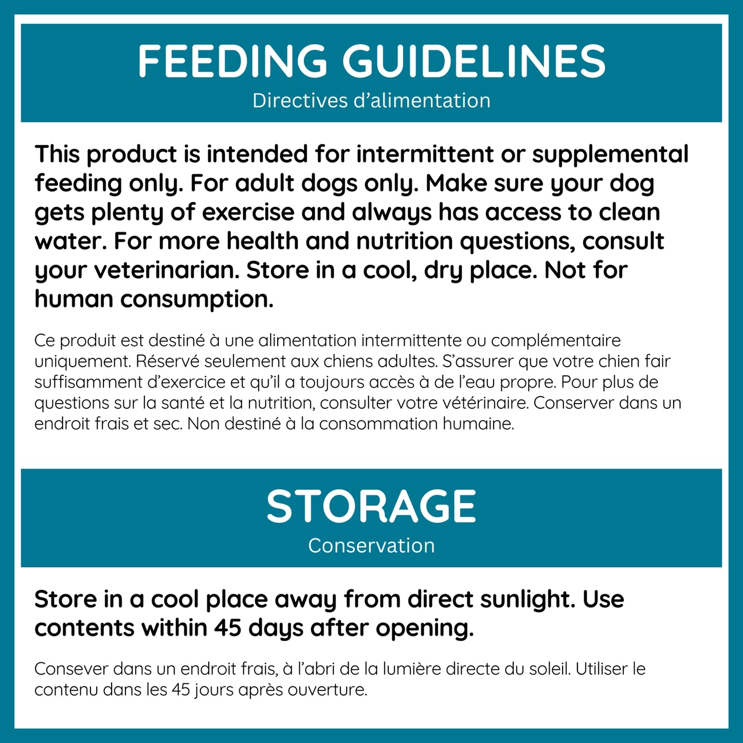 Feeding guidelines and storage instructions for Caru Pet Food goat milk dog treats