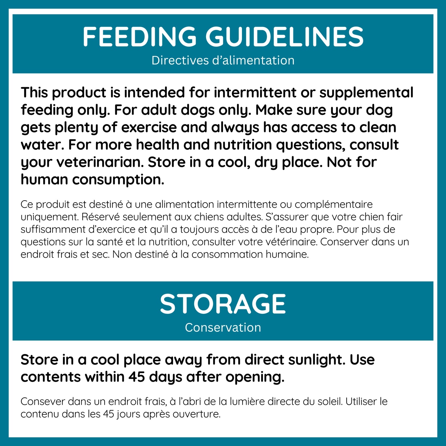 Feeding guidelines and storage instructions for Caru Pet Food goat milk dog treats