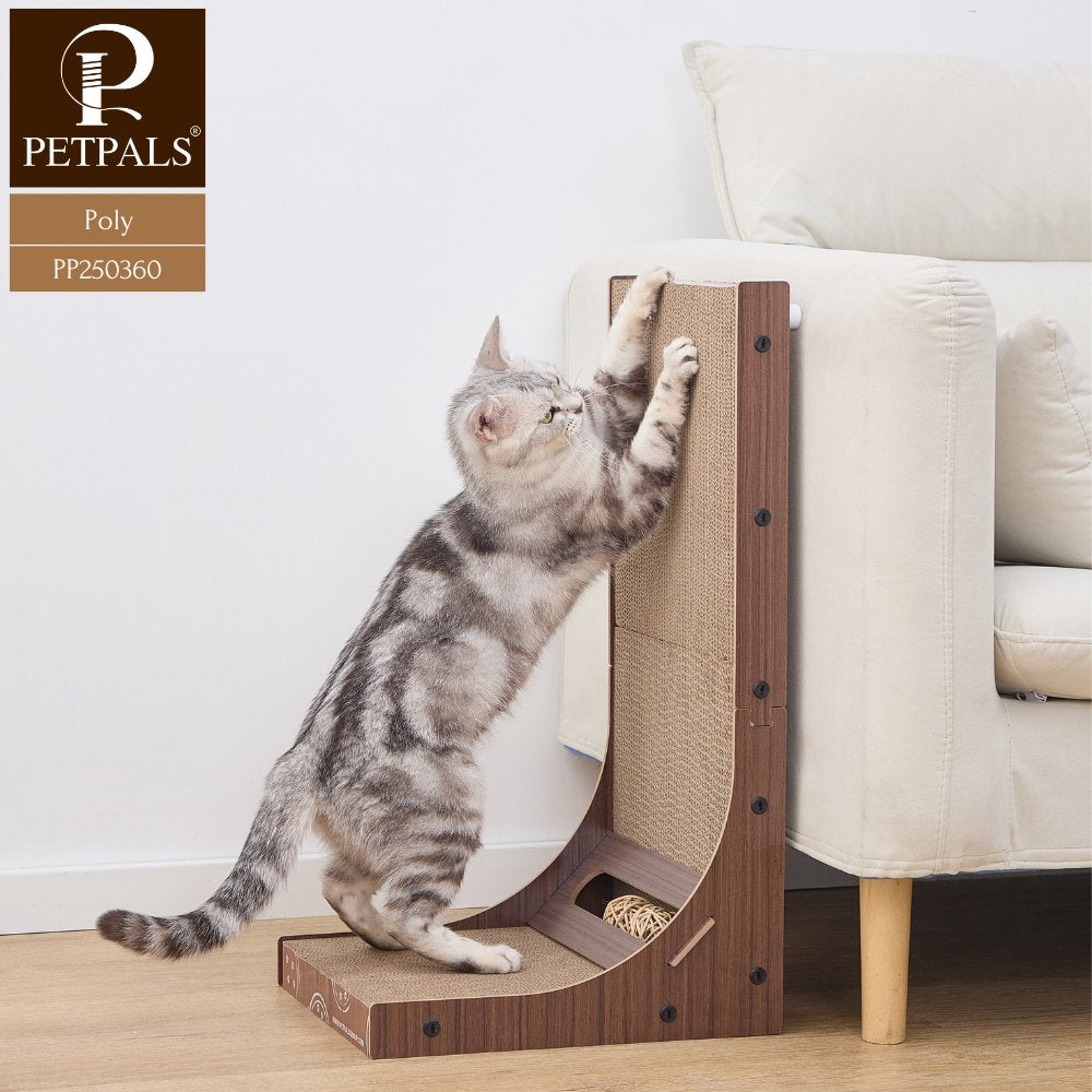 PetPals Group Cat Scratcher Furniture Protector in Brown with a Cat Scratching and Stretching