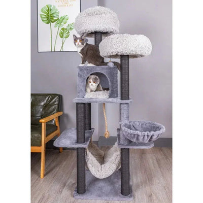 Catry Bradbury 7 Level Gray Cat Tree With Scratching Posts, Condo, Hammock and Two Shag Fur Cushions - Talis Us