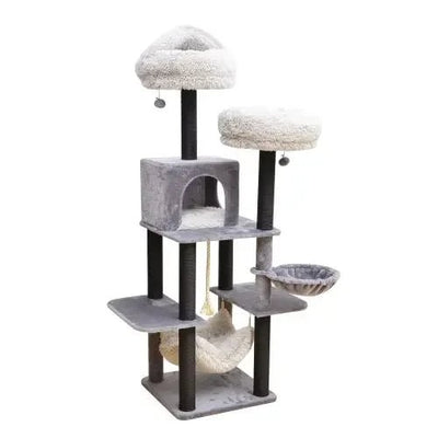 Catry Bradbury 7 Level Gray Cat Tree With Scratching Posts, Condo, Hammock and Two Shag Fur Cushions - Talis Us