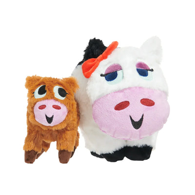 BARK cow dog plush toy set featuring a smiling cow and a calf for playful dogs