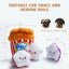 The Nocciola Interactive Popcorn Bucket Dog Toy with Squeaky Plush features three star-shaped toys, offers mental stimulation for dogs, and is suitable for small and medium breeds. Includes pug/dachshund images, SUITABLE FOR SMALL AND MEDIUM DOGS text, and measurements.