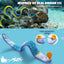 A real ribbon eel swims above coral, while below, Nocciola’s Interactive No-Stuffing Eel Toy—blue plush with a yellow nose and two expressions—stands out. Text notes its “dual-expression design,” realistic look, and treat pockets for enrichment.