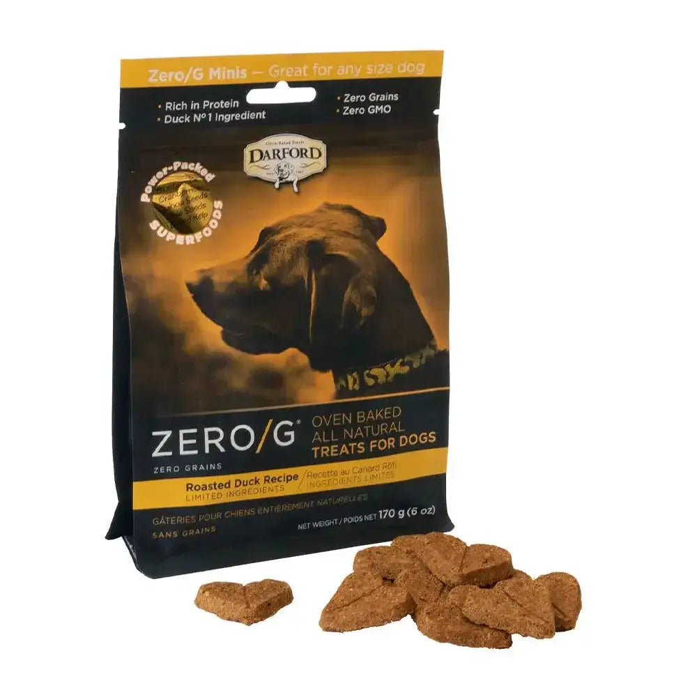 A bag of Darford® ZERO/G Minis Roasted Duck Oven Baked Dog Treats 6 oz by Darford, with several heart-shaped brown treats displayed in front.