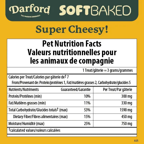 Darford soft baked cheesy dog treats with nutritional information and appealing packaging design