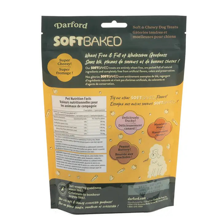Darford soft baked cheesy dog treats package featuring wholesome ingredients and flavor options