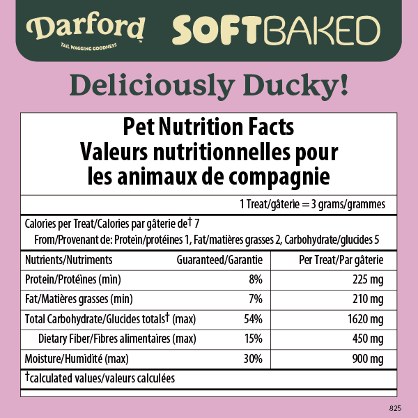 Darford Soft Baked Duck Dog Treats with nutrition facts and delectable flavor for happy pets