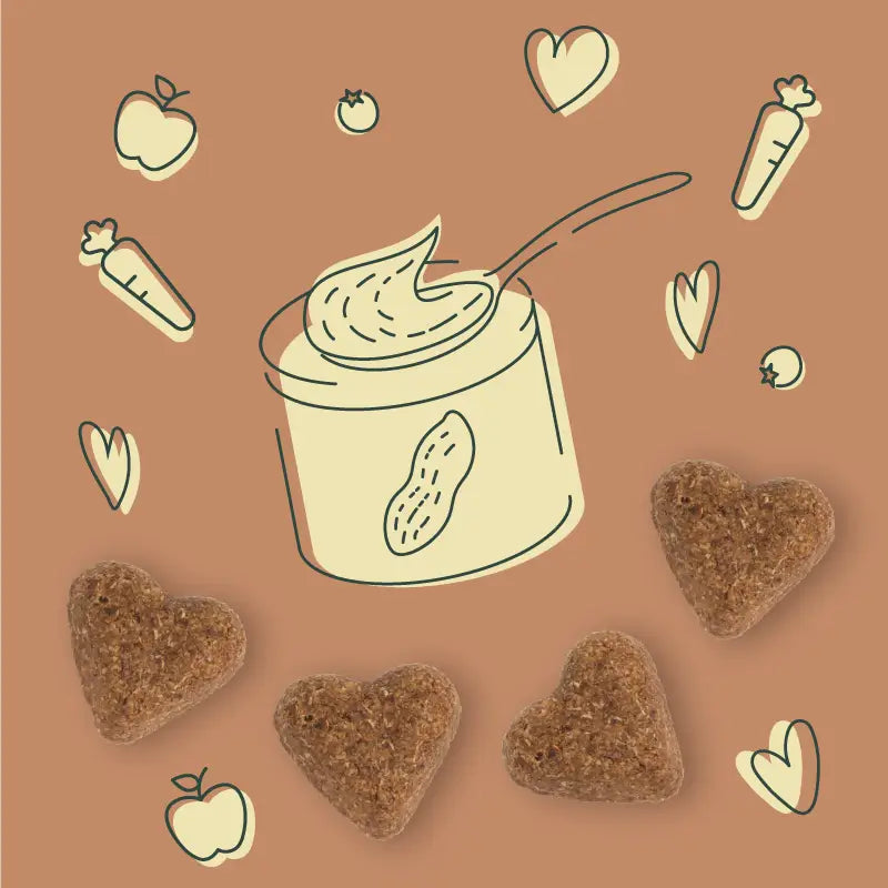 Darford soft baked peanut butter dog treats shaped like hearts with a peanut jar illustration