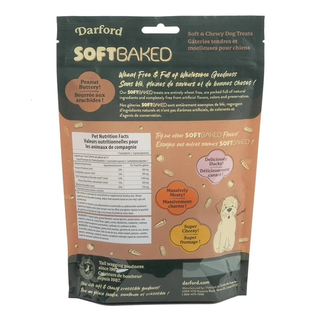 Darford soft baked peanut butter dog treats in a resealable package with nutrition facts