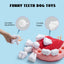 A hand squeezes the Nocciola Teeth Extraction Dog Toy – Keep Your Pup Engaged & Happy, a tooth-shaped toy by Nocciola with durable squeakers and crinkle paper for mental stimulation, shown on a red and pink plush base.