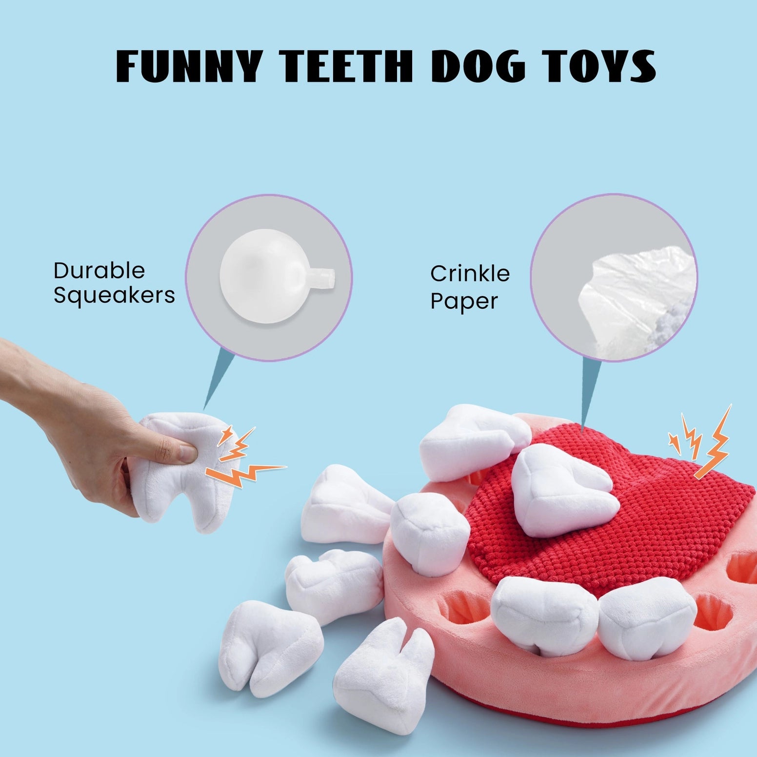 A hand squeezes the Nocciola Teeth Extraction Dog Toy – Keep Your Pup Engaged & Happy, a tooth-shaped toy by Nocciola with durable squeakers and crinkle paper for mental stimulation, shown on a red and pink plush base.