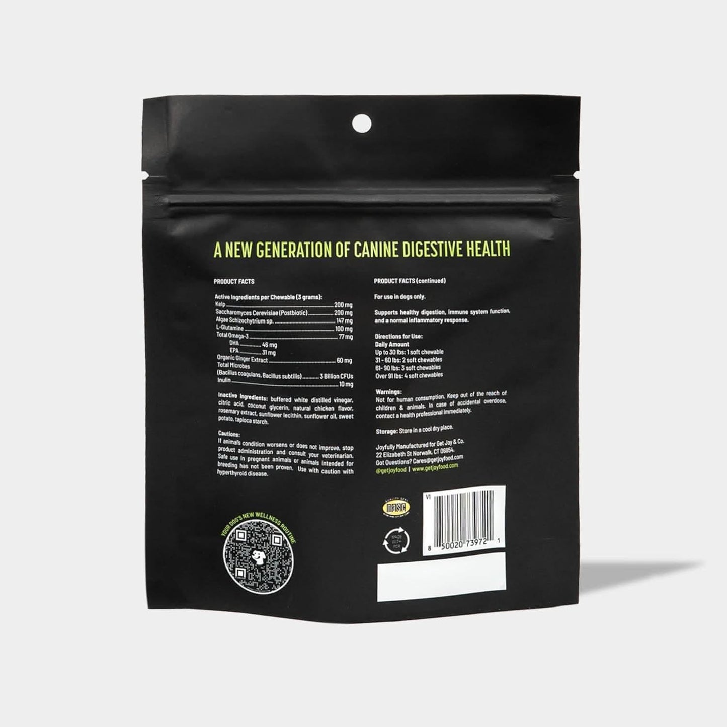 Get Joy dog digestive health supplement chews packaging with nutrition facts and instructions for canine health