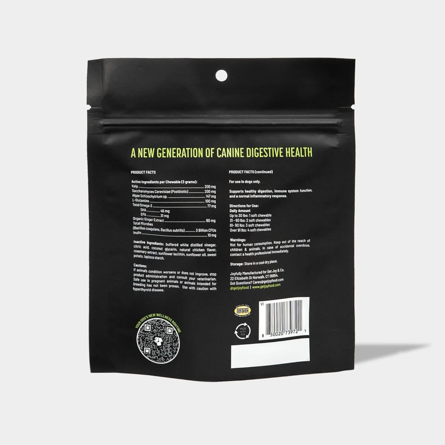 Get Joy dog digestive health supplement chews packaging with nutrition facts and instructions for canine health