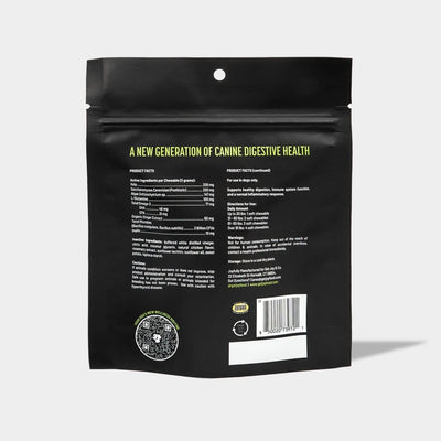 Get Joy dog digestive health supplement chews packaging with nutrition facts and instructions for canine health
