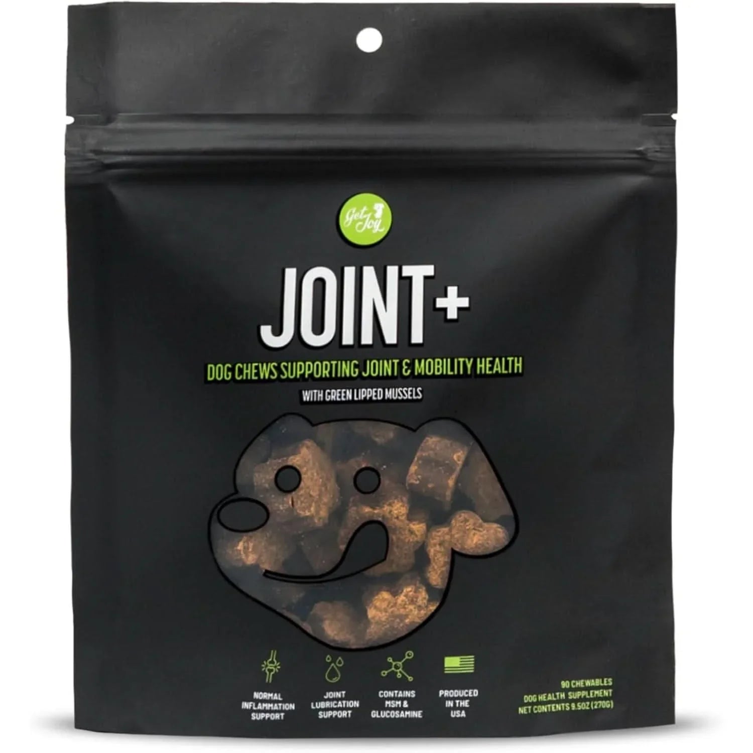 Get Joy dog joint health supplements in a black packaging, designed for joint and mobility support