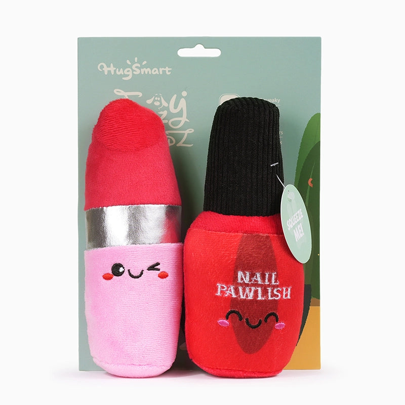 Hugsmart Pet lipstick and nail polish dog toys in vibrant colors for interactive playtime
