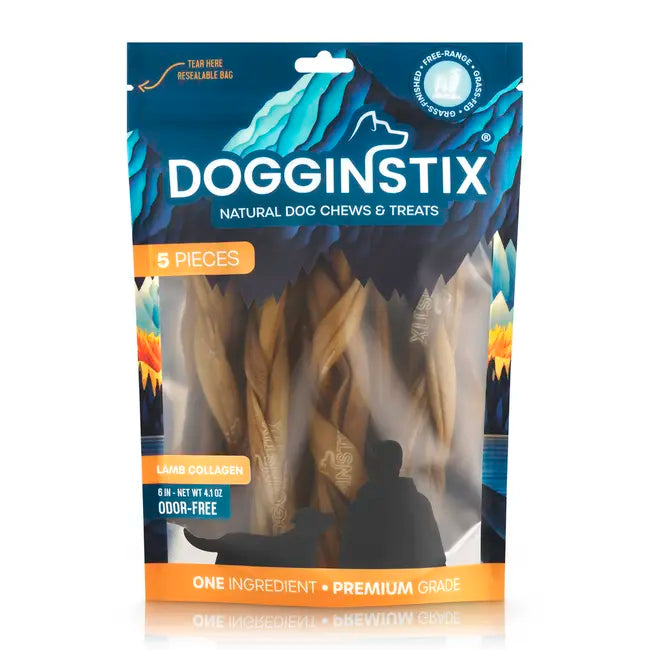 Dogginstix Braided Lamb Collagen Dog Chews in a resealable bag featuring 5 odor-free treats
