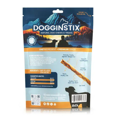 Dogginstix braided lamb collagen dog chews package with natural ingredients and feeding instructions