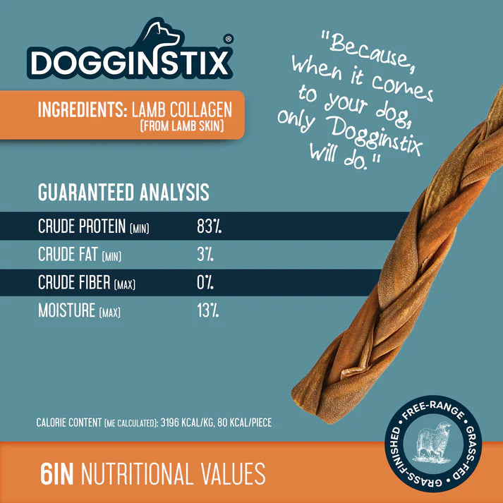 Dogginstix Braided Lamb Collagen Dog Chews with high protein and fiber content for dogs