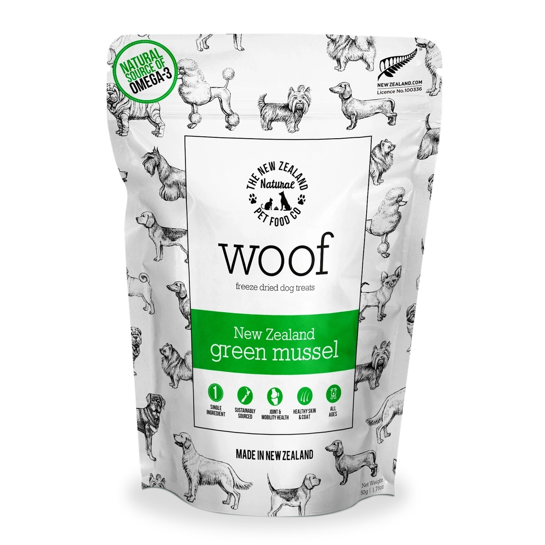 Woof New Zealand green mussel dog treats in a resealable bag for healthy pet snacks
