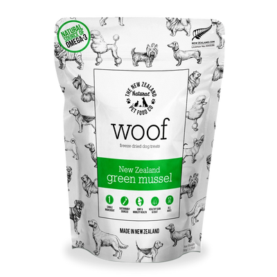 Woof New Zealand green mussel dog treats in a resealable bag for healthy pet snacks