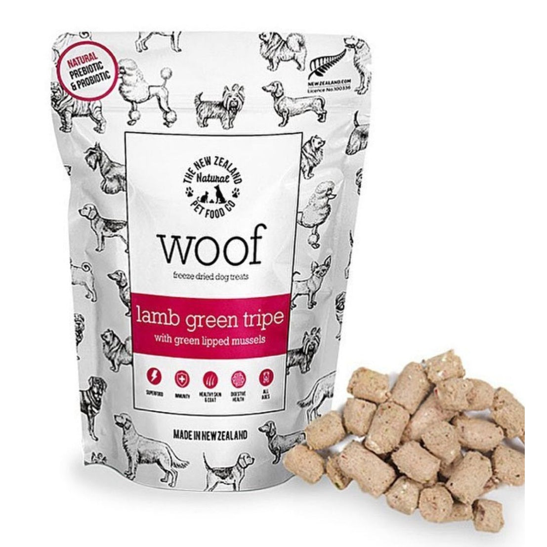 The New Zealand Natural Pet Food Co lamb green tripe dog food topper in a resealable bag with cubes