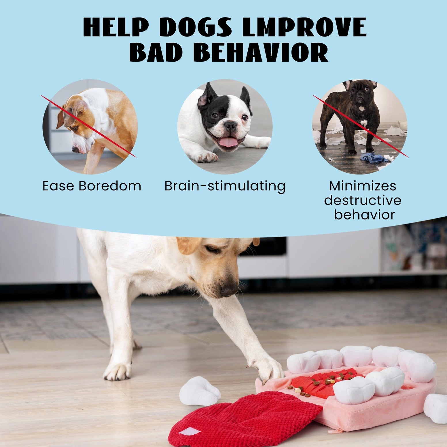 A dog paws at the red and white Nocciola Teeth Extraction Dog Toy – Keep Your Pup Engaged & Happy by Nocciola. Text: Ease boredom, stimulate minds, and minimize destructive behavior with this fun hide-and-seek toy.