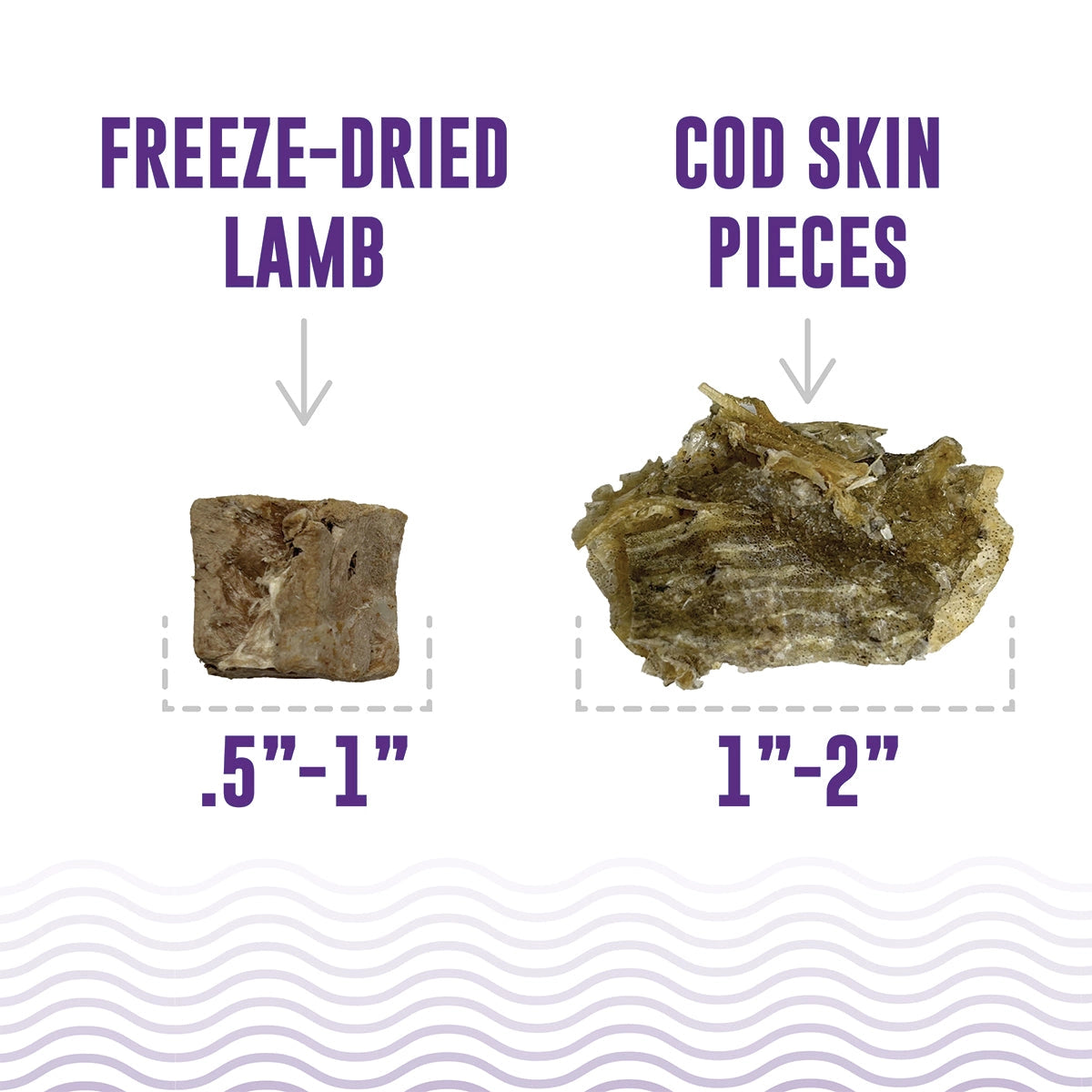 Two Icelandic+ dog treats are shown: a small, square Freeze-Dried Lamb piece (0.5–1 inch) on the left, and a larger, irregular Cod Skin piece (rich in Omega-3s) on the right. Labels and arrows identify each treat.