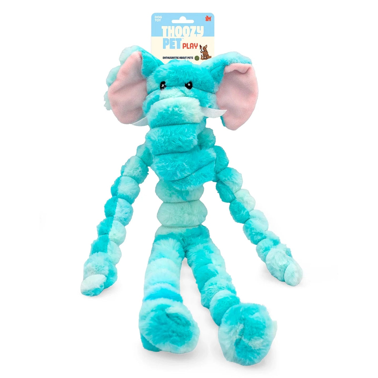 ThoozyPet elephant dog tug toy in blue with soft plush material and long limbs for playful tugging