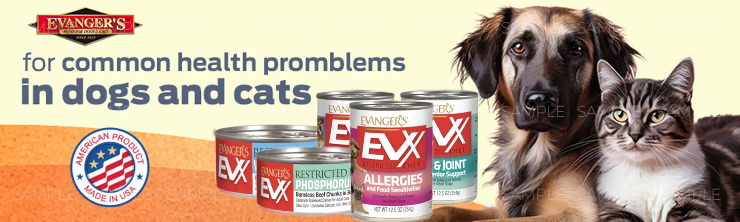 Evanger’s exx pet food cans in red, white, and teal packaging with ’allergies’ and ’joint support’ labels.
