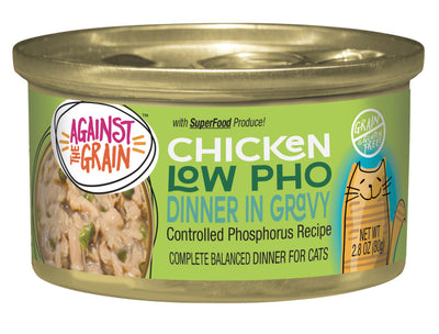 A 2.8 oz can of Against the Grain Chicken Low Pho Dinner In Gravy Wet Cat Food by Against the Grain, featuring a green label with a cartoon cat, gold lid, and grain-free recipe. Sold as 24-pack cans.