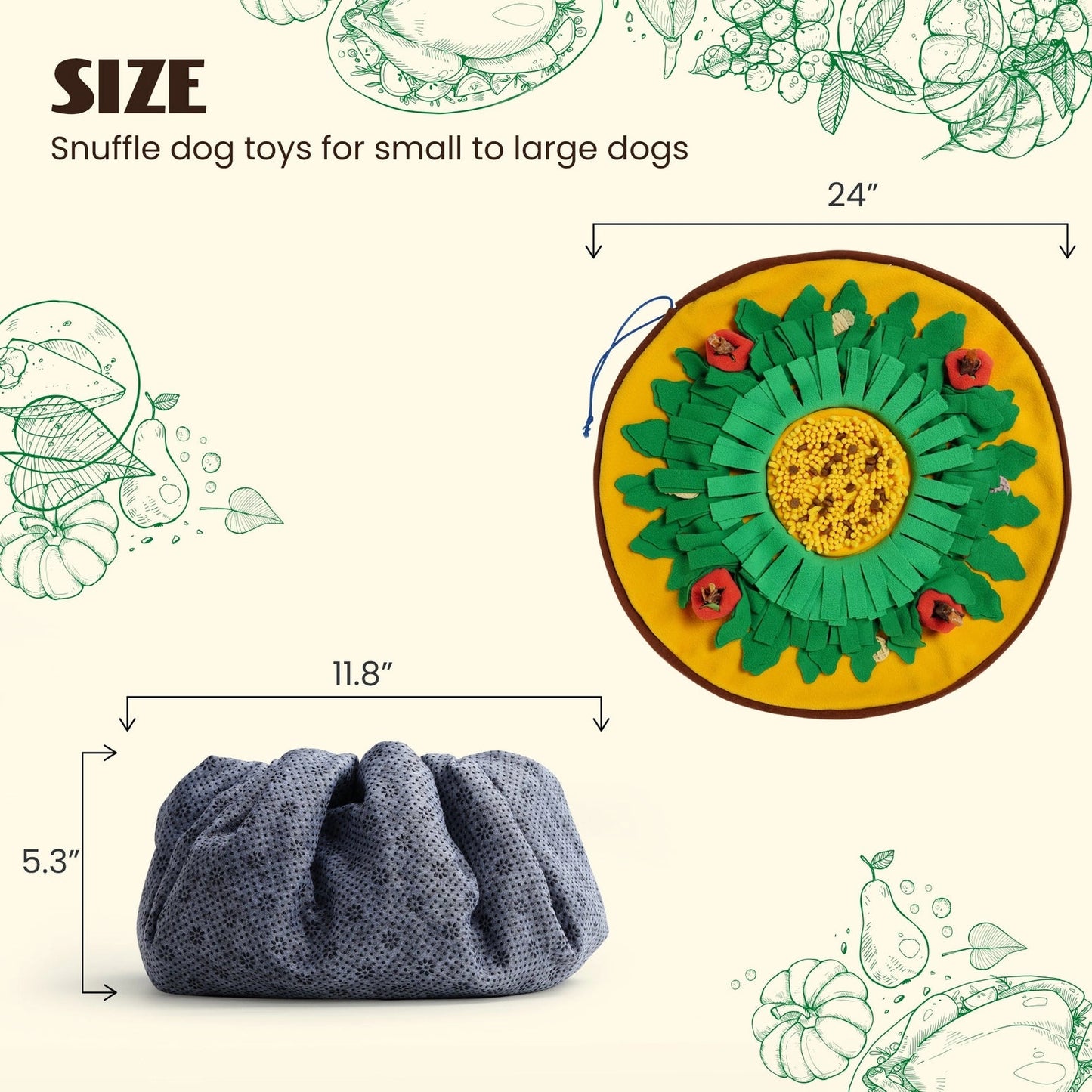 The Nocciola Snuffle Mat and Toy Set for Dogs features a circular green and yellow mat (24” open), cinching into a gray pouch (11.8” x 5.3”), ideal for interactive play and mental stimulation in small to large dogs.