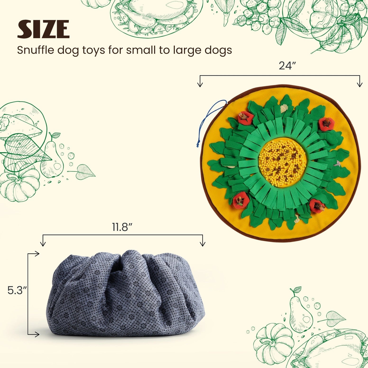 The Nocciola Snuffle Mat and Toy Set for Dogs features a circular green and yellow mat (24” open), cinching into a gray pouch (11.8” x 5.3”), ideal for interactive play and mental stimulation in small to large dogs.