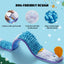 The Nocciola Interactive No-Stuffing Eel Toy features mop velvet and soft, scale-like fabric. Three close-ups highlight velcro, plush texture, and treat pockets for mental stimulation. Festive snowflakes and icons decorate the image.