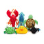 A set of six fabdog Floatie Water Outdoor Plush Dog Toys by Fabdog—featuring a red lobster, blue squid, green turtle, frog, yellow duck, and orca—are displayed together on a white background.