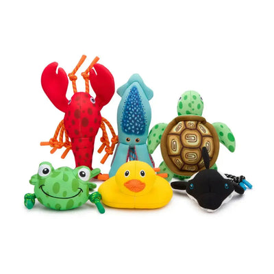 A set of six fabdog Floatie Water Outdoor Plush Dog Toys by Fabdog—featuring a red lobster, blue squid, green turtle, frog, yellow duck, and orca—are displayed together on a white background.