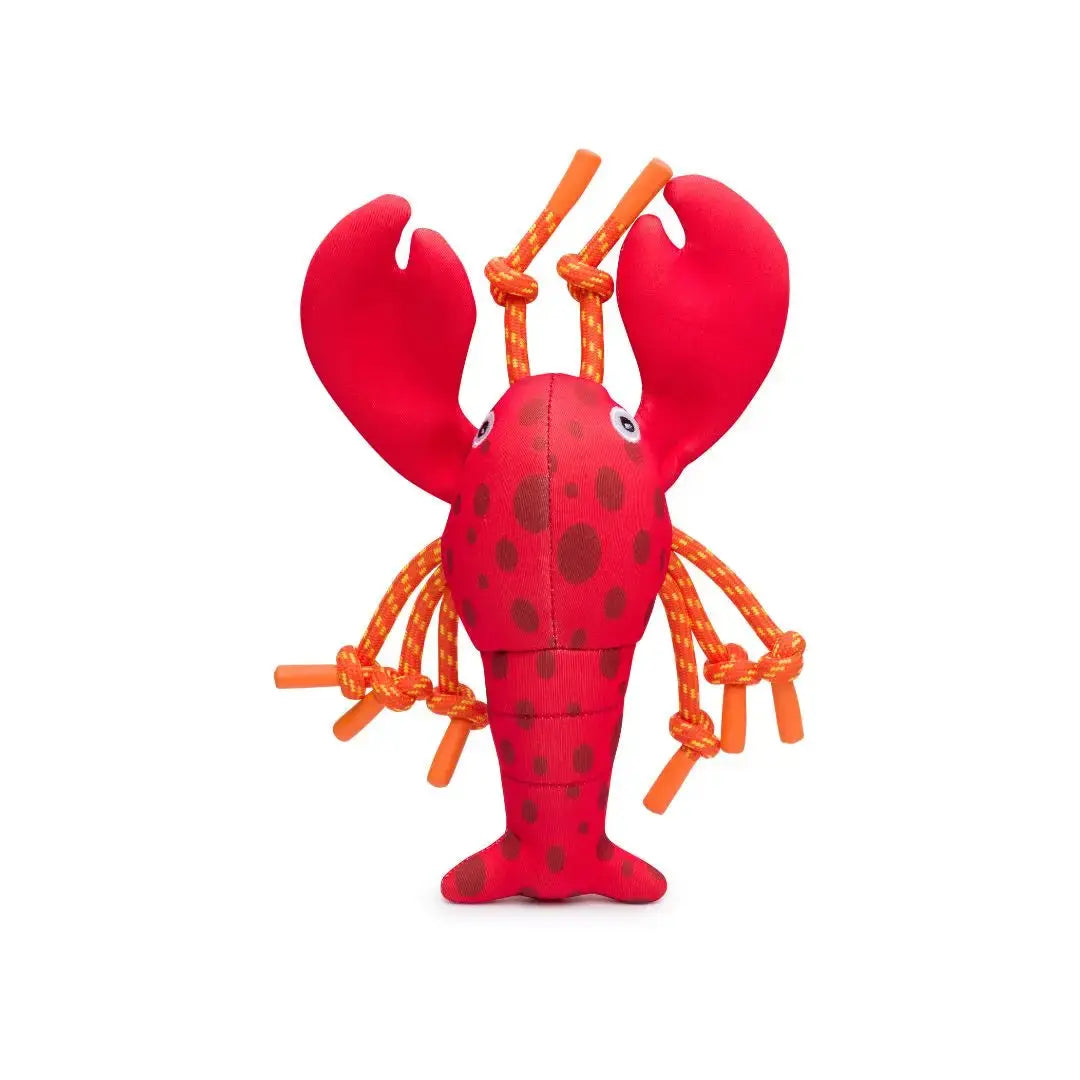 The Fabdog Floatie Water Outdoor Plush Dog Toy by Fabdog is a red plush lobster with large claws, spotted details, and orange rope limbs. Eco-friendly and perfect for playtime, its shown against a white background.