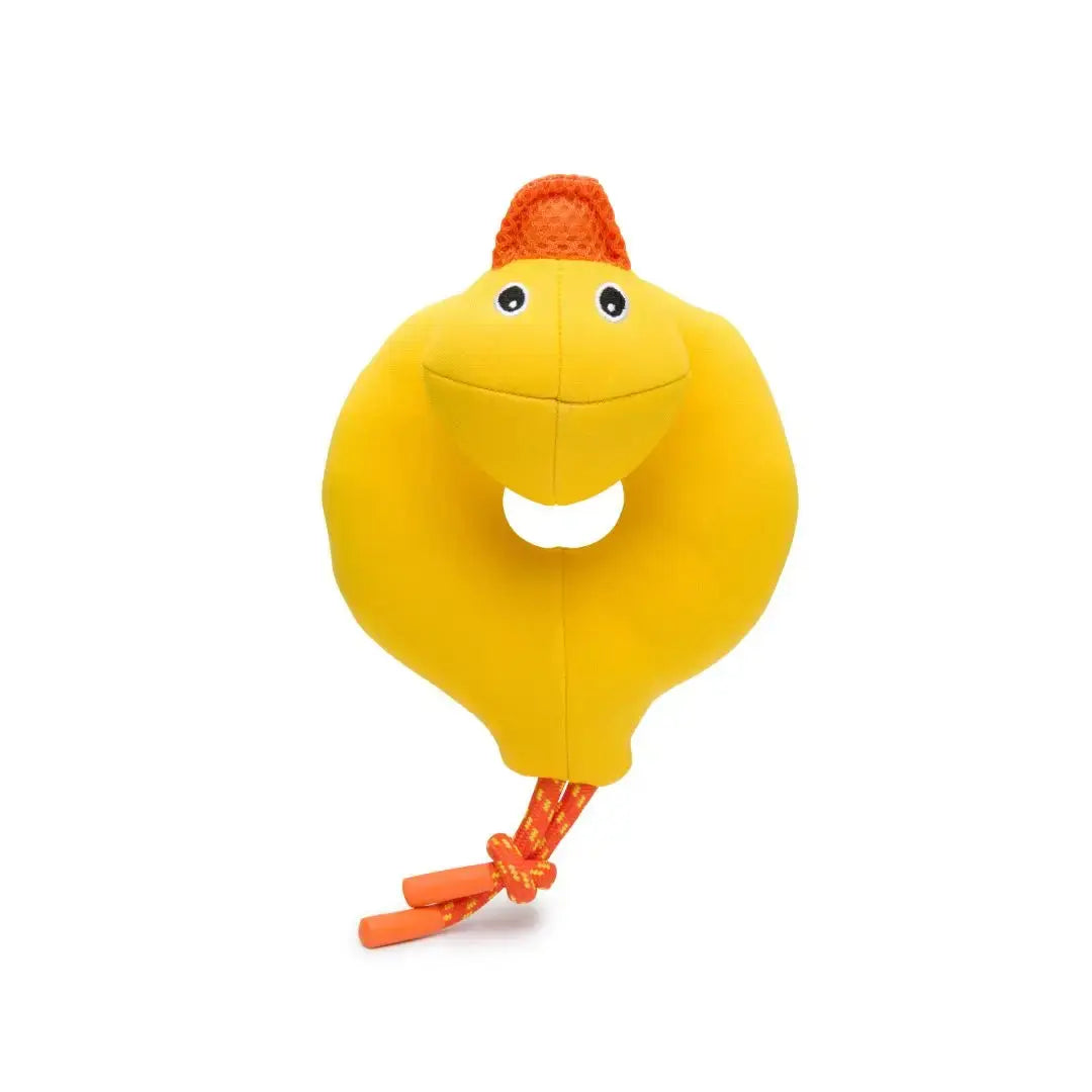 The Fabdog Floatie Water Outdoor Plush Dog Toy by Fabdog is a yellow plush duck with a round body, orange beak, hat, and rope legs—an eco-friendly toy thats perfect for playful pups who love the outdoors.