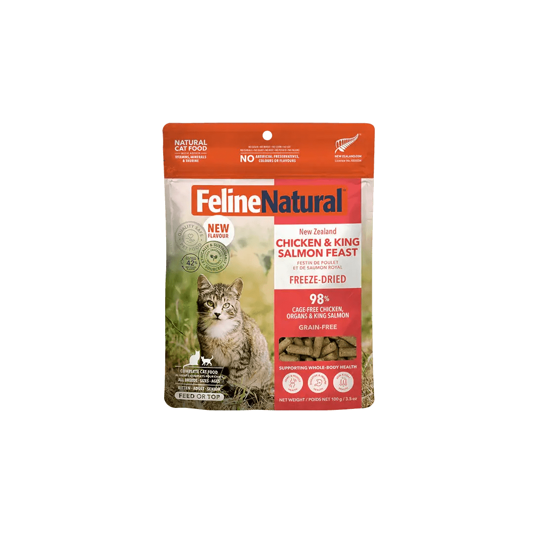 Feline Natural freeze-dried chicken and salmon cat food with premium ingredients for optimal feline nutrition