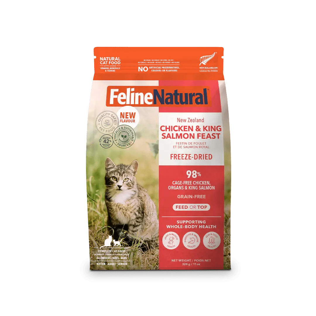 Feline Natural freeze-dried chicken and salmon cat food package with a cat and natural ingredients