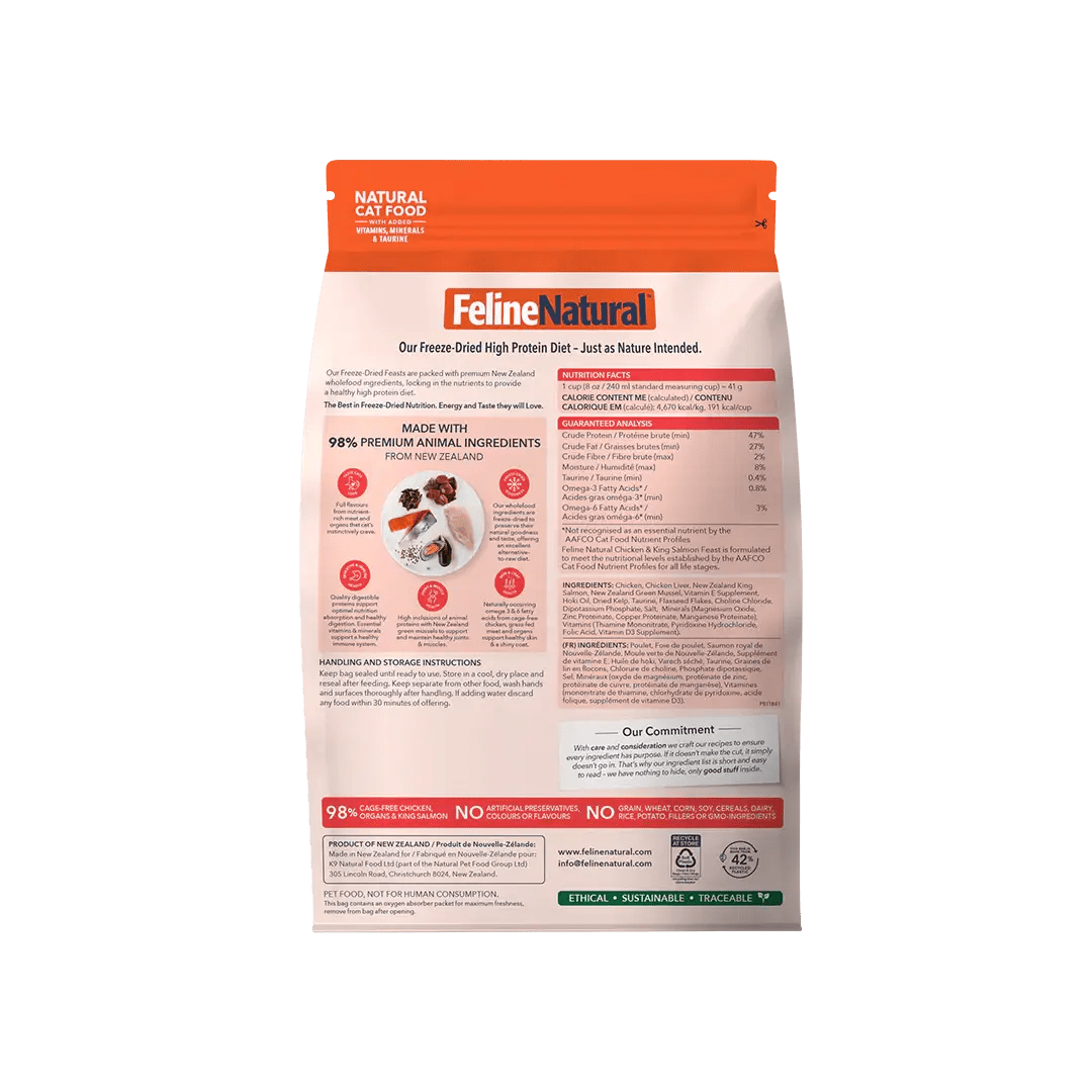 Feline Natural freeze-dried chicken and salmon cat food in a resealable bag for nutritious feline meals