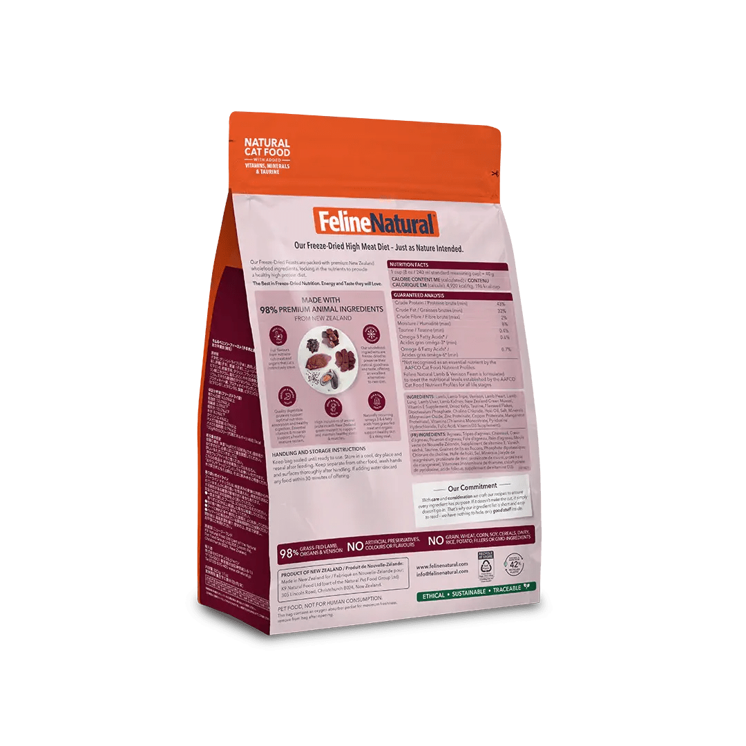 Feline Natural freeze-dried lamb and venison cat food bag with detailed nutritional information on the back
